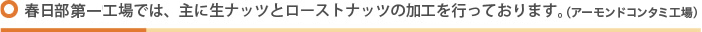 春日部第一工場では、主に生ナッツとローストナッツの加工を行っております。（アーモンドコンタミ工場）